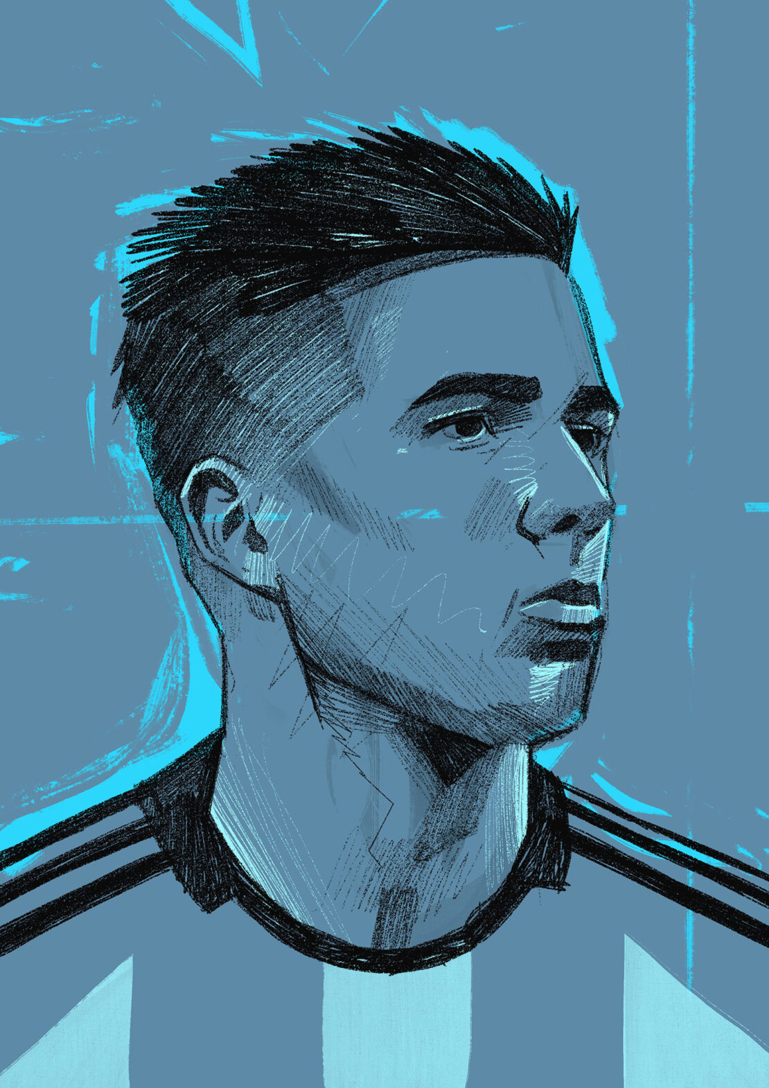 Illustration of a male soccer player with dark hair and a light blue and white jersey against a light blue sketched background.