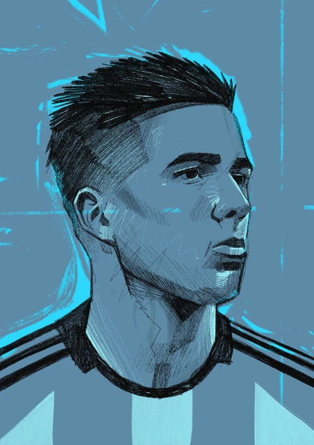 Illustration of a male soccer player with dark hair and a light blue and white jersey against a light blue sketched background.