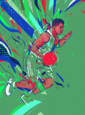 Illustration of a man dribbling a basketball, depicted in a dynamic, painted style with bold colors and energetic brushstrokes.
