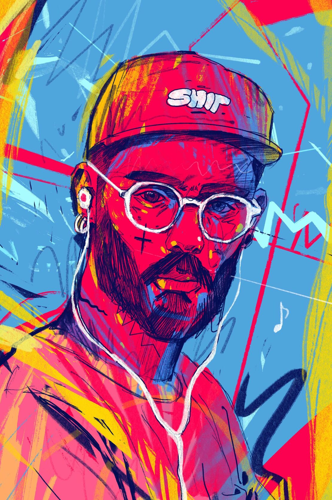 Illustration of a man with a beard wearing glasses, a cap, and headphones against a bright blue background with abstract design elements.