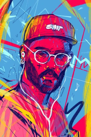Illustration of a man with a beard wearing glasses, a cap, and headphones against a bright blue background with abstract design elements.