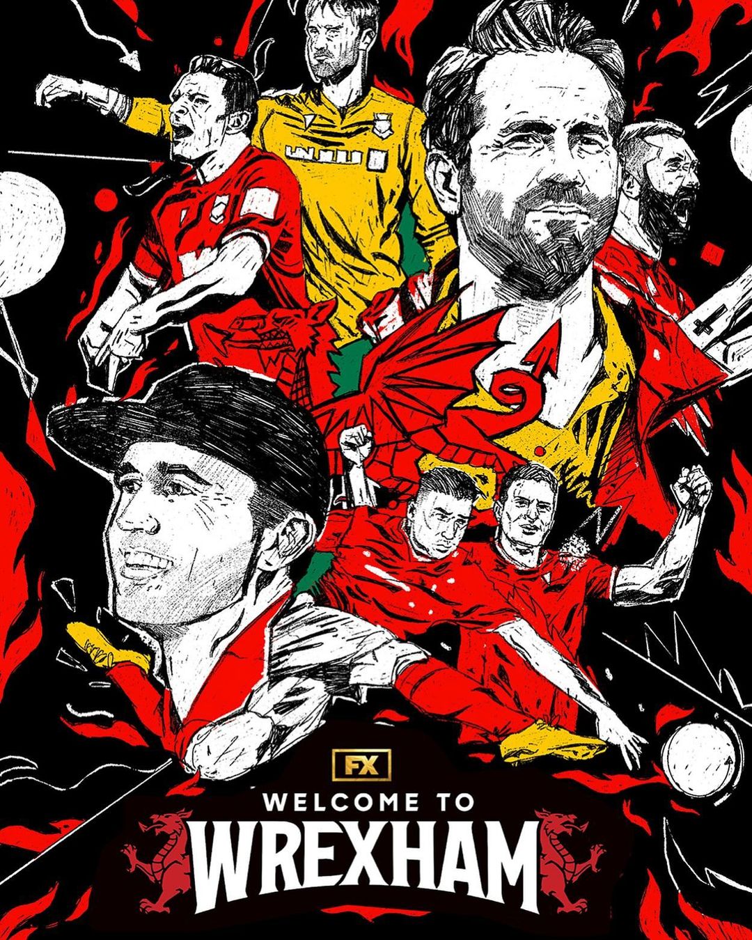 Illustration featuring multiple soccer players in red and yellow uniforms in various poses, along with some portrait illustrations.