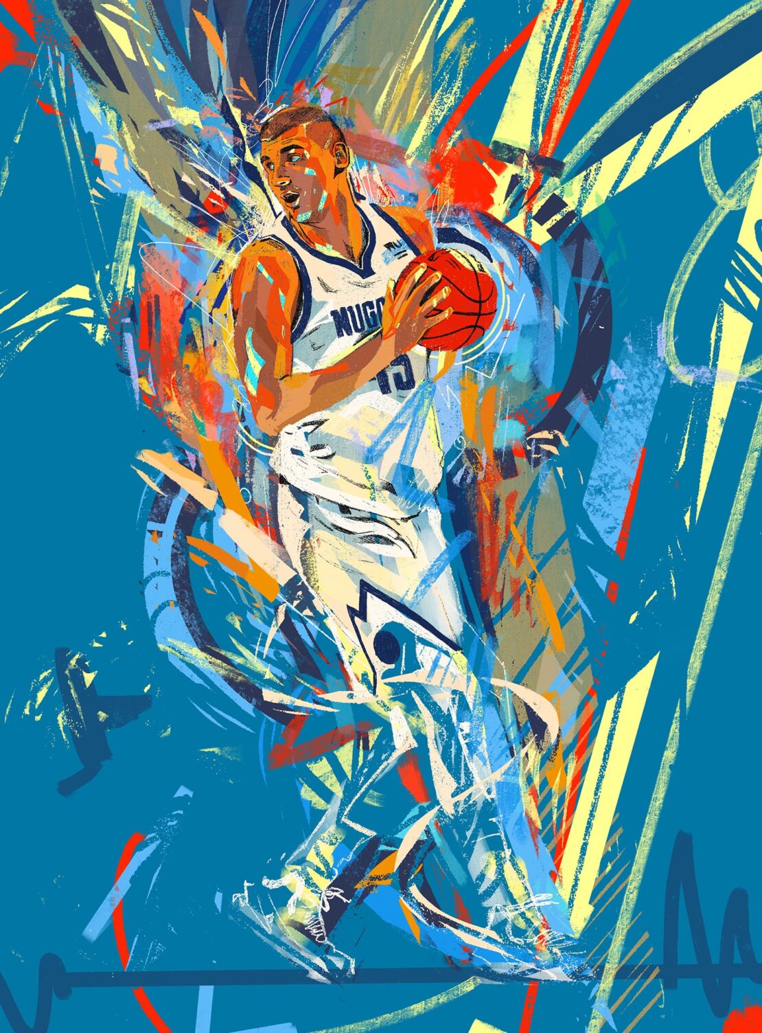 Illustration of a basketball player in a white jersey holding a basketball, set against a teal backdrop with colorful paint strokes.