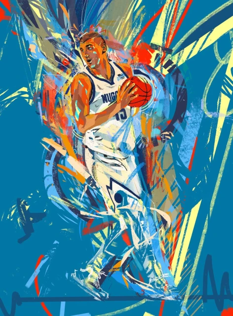 Illustration of a basketball player in a white jersey holding a basketball, set against a teal backdrop with colorful paint strokes.