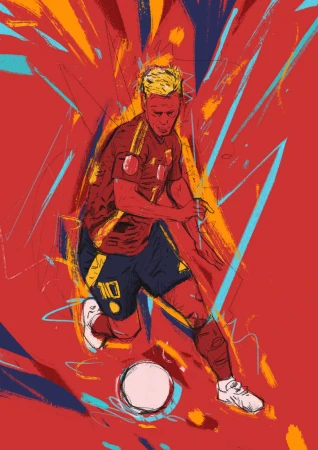 Illustration of a soccer player in a red and blue uniform kicking a ball on a red background with colorful abstract graphic elements.