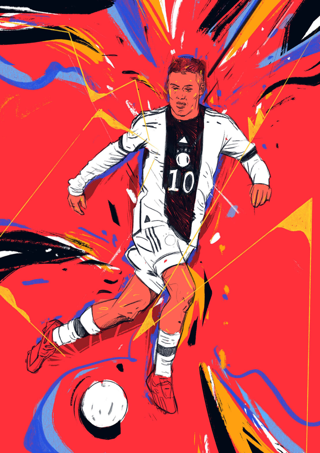 Digital illustration of a soccer player in a white jersey with number 10 dribbling a ball against a vibrant red abstract background.
