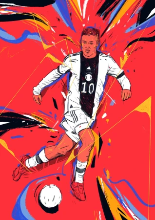 Digital illustration of a soccer player in a white jersey with number 10 dribbling a ball against a vibrant red abstract background.
