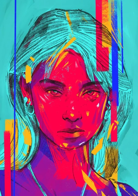 Digital painting of a woman with teal hair and red skin, featuring bold brushstrokes and geometric shapes in a portrait format.