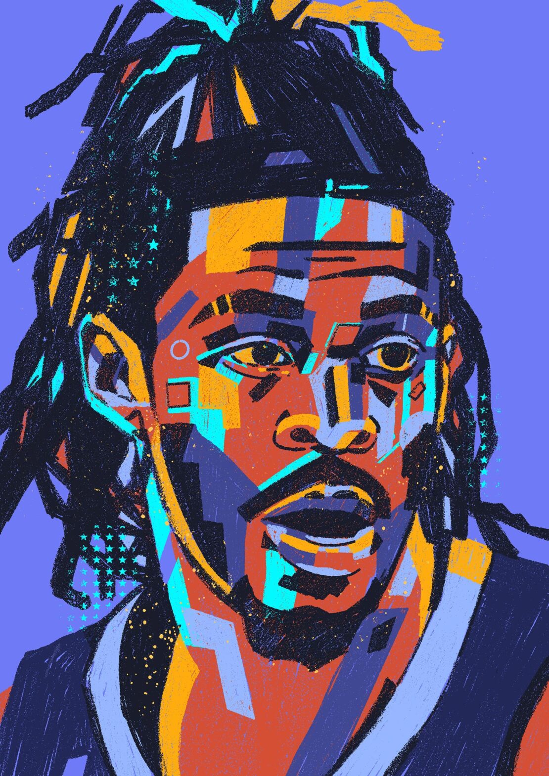Illustration of a man with dreadlocks, rendered in a colorful abstract geometric style against a light purple background.