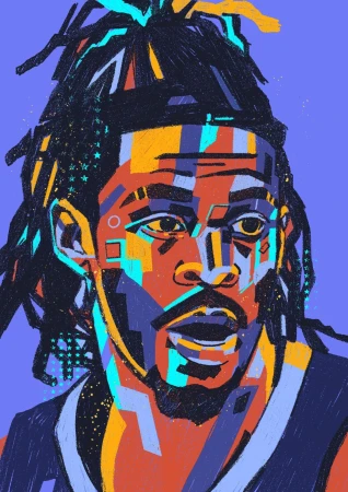 Illustration of a man with dreadlocks, rendered in a colorful abstract geometric style against a light purple background.