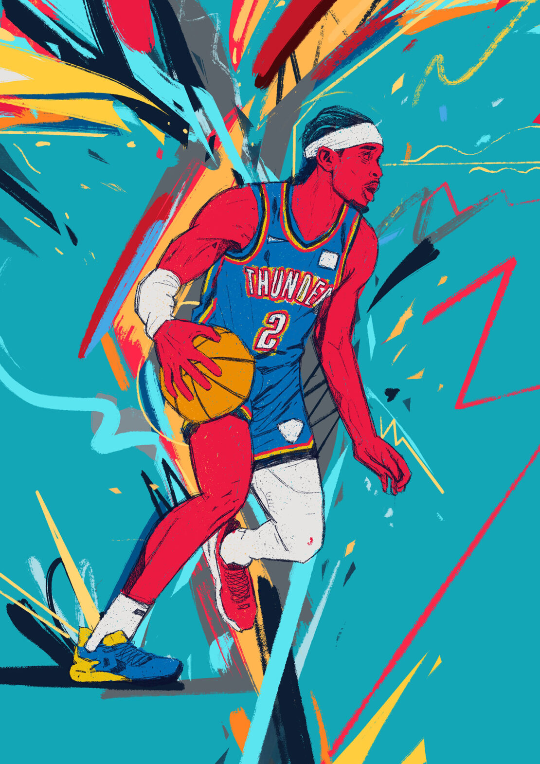 Illustration of a basketball player in action, rendered in a dynamic, graphic style with vibrant colors and a distinctive aesthetic.