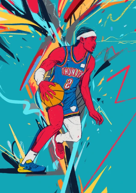 Illustration of a basketball player in action, rendered in a dynamic, graphic style with vibrant colors and a distinctive aesthetic.