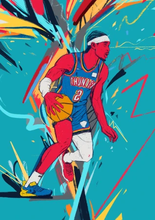 Illustration of a basketball player in action, rendered in a dynamic, graphic style with vibrant colors and a distinctive aesthetic.