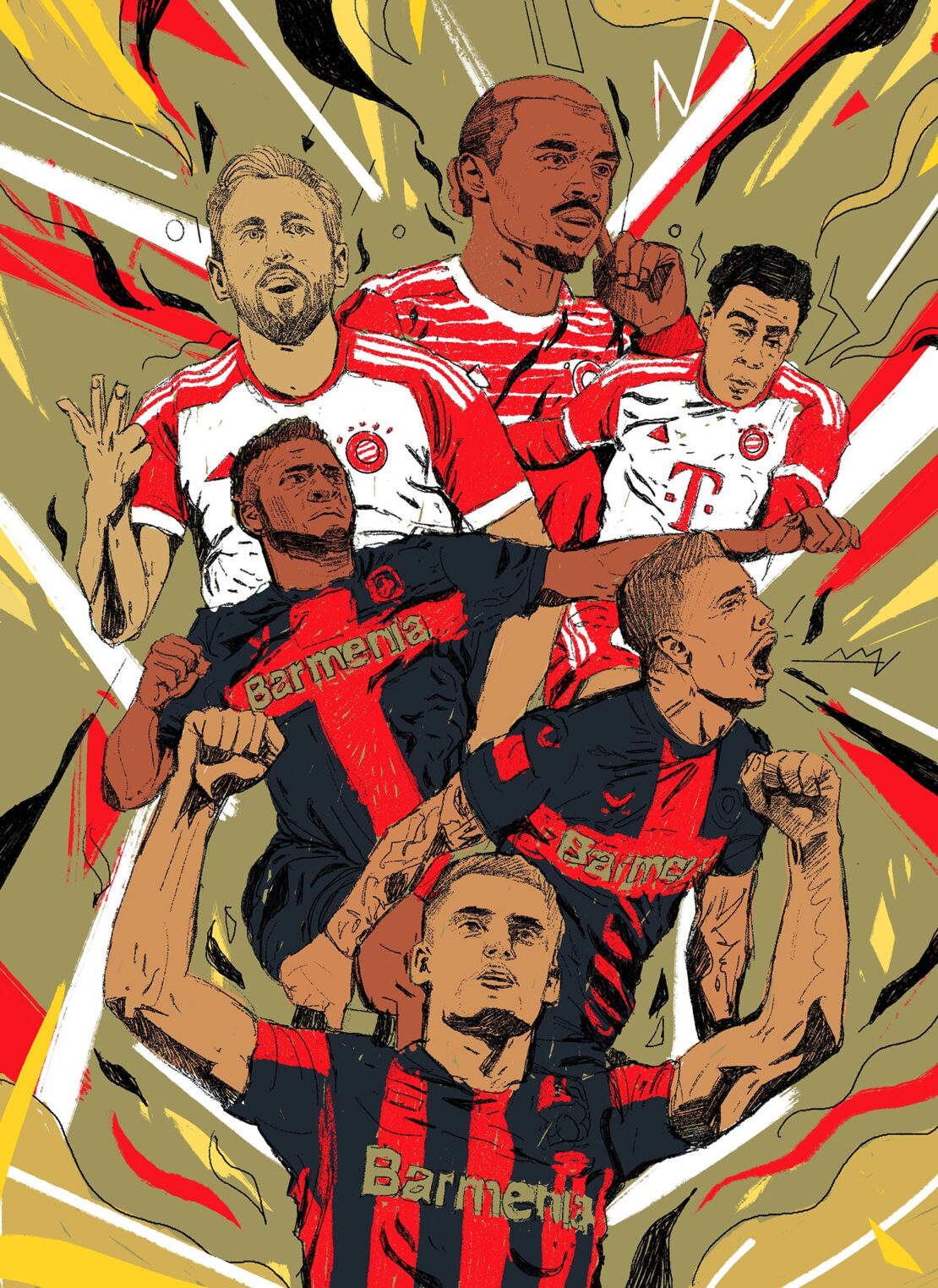 Illustration of six male athletes in soccer uniforms posing with arms raised, on a yellow background with red and white abstract lines.