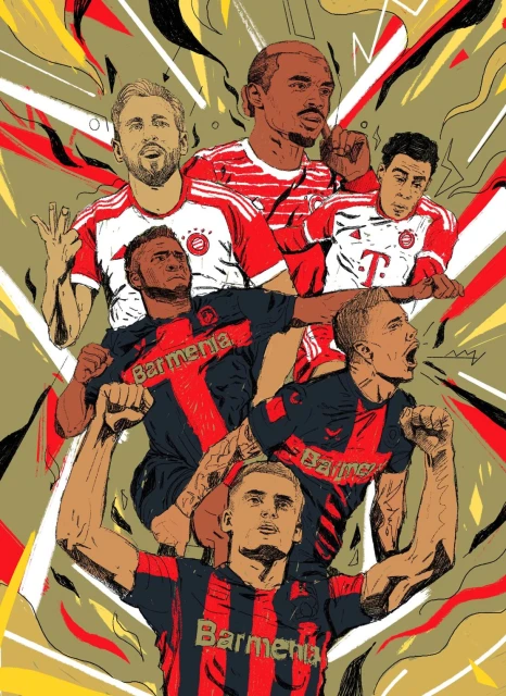 Illustration of six male athletes in soccer uniforms posing with arms raised, on a yellow background with red and white abstract lines.