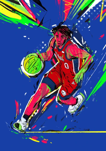 Illustration of a basketball player dribbling with motion lines and bright colors against a blue background with stars and stripes.