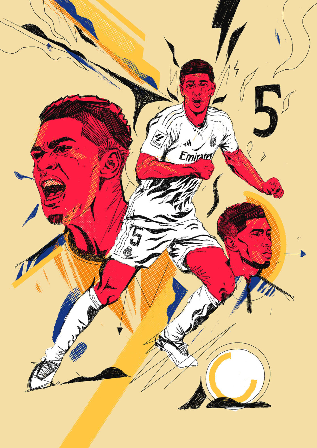 Illustration of a male soccer player in action wearing a uniform, with portraits on a tan background and dynamic graphic elements.