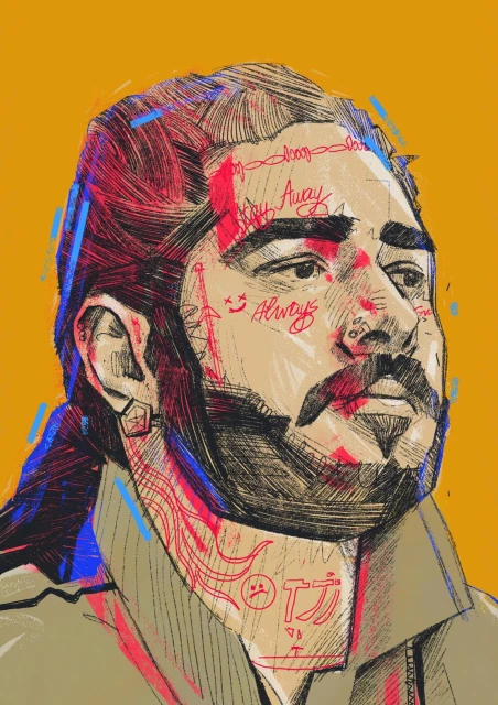 Illustration of a man with long hair, tattoos, and a goatee against a mustard-yellow background, rendered in a sketchy, vibrant style.
