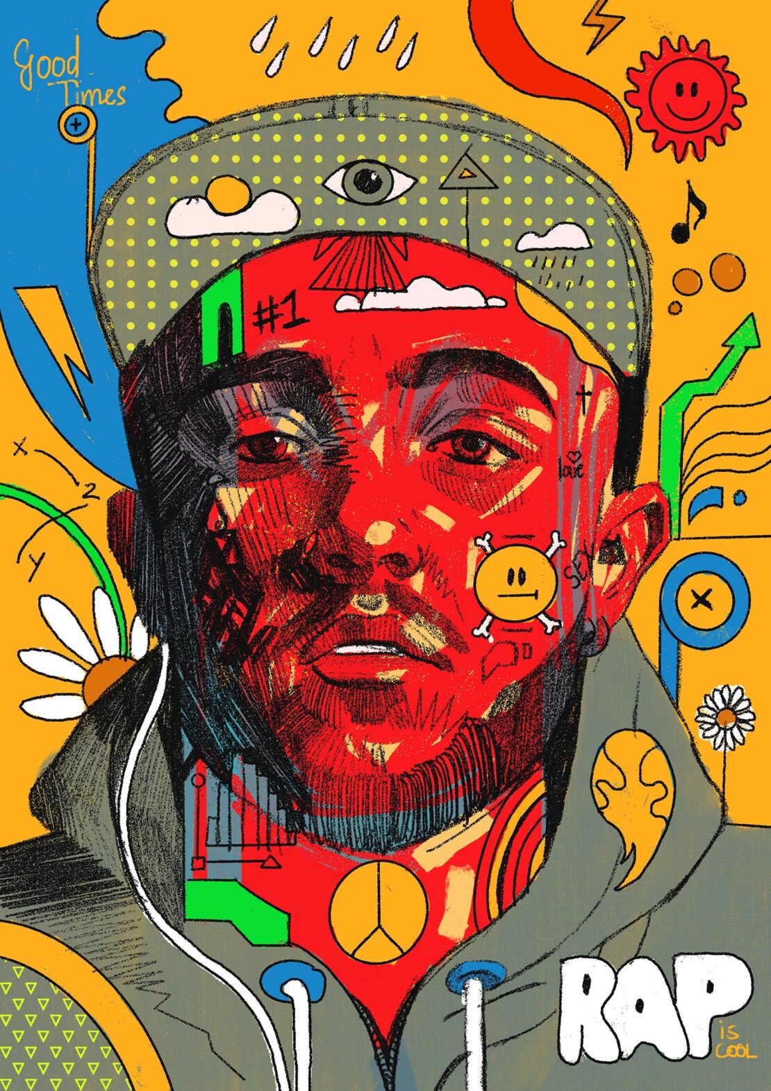 Illustration of a male figure with facial hair and a hat, featuring surreal graphic elements, text overlay, and vibrant colors.
