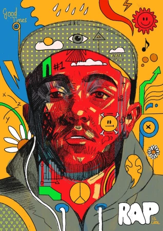 Illustration of a male figure with facial hair and a hat, featuring surreal graphic elements, text overlay, and vibrant colors.