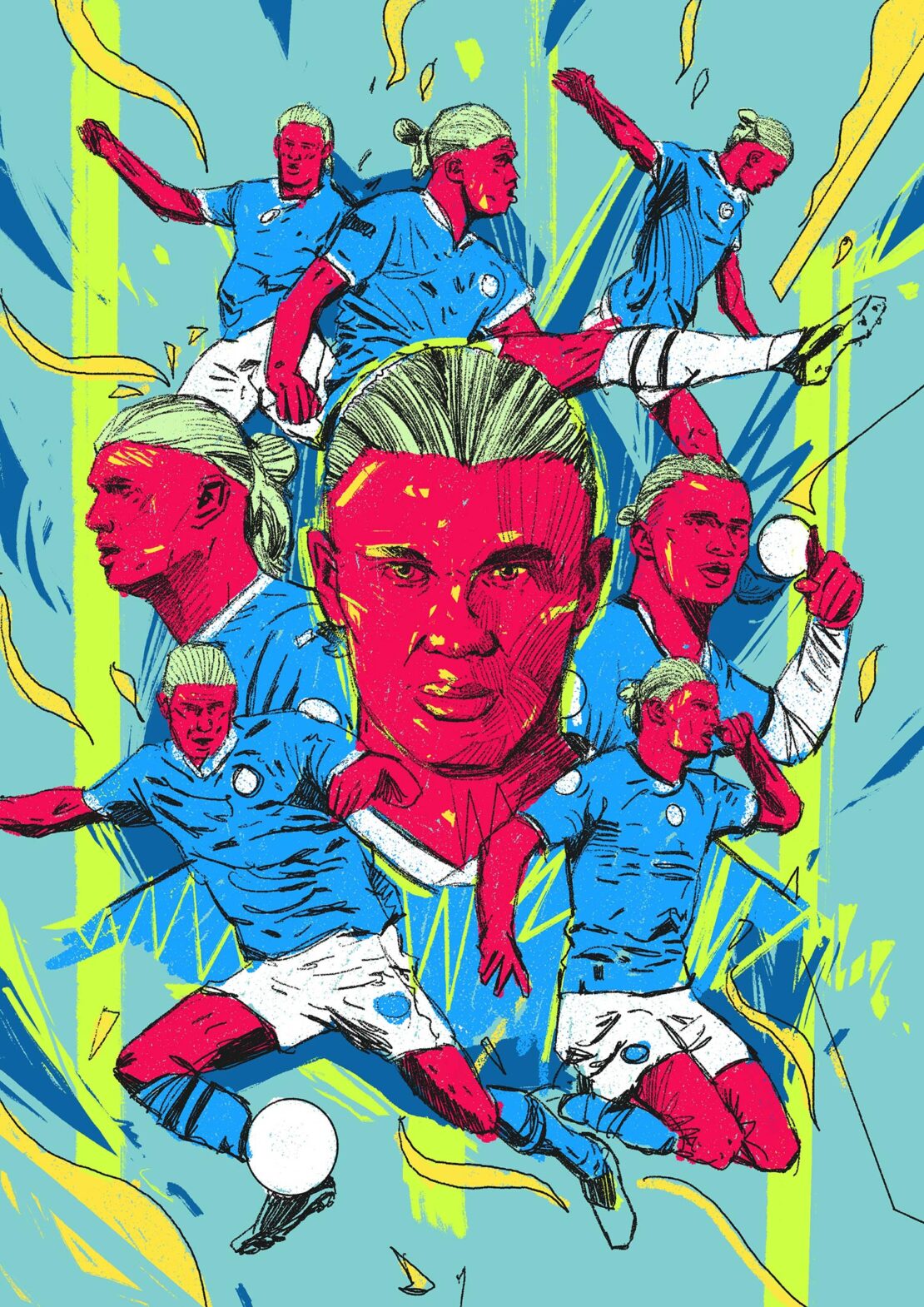 Illustration of a soccer player in various poses, with a color palette of red, blue, and yellow against a light blue background.