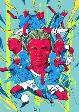Illustration of a soccer player in various poses, with a color palette of red, blue, and yellow against a light blue background.