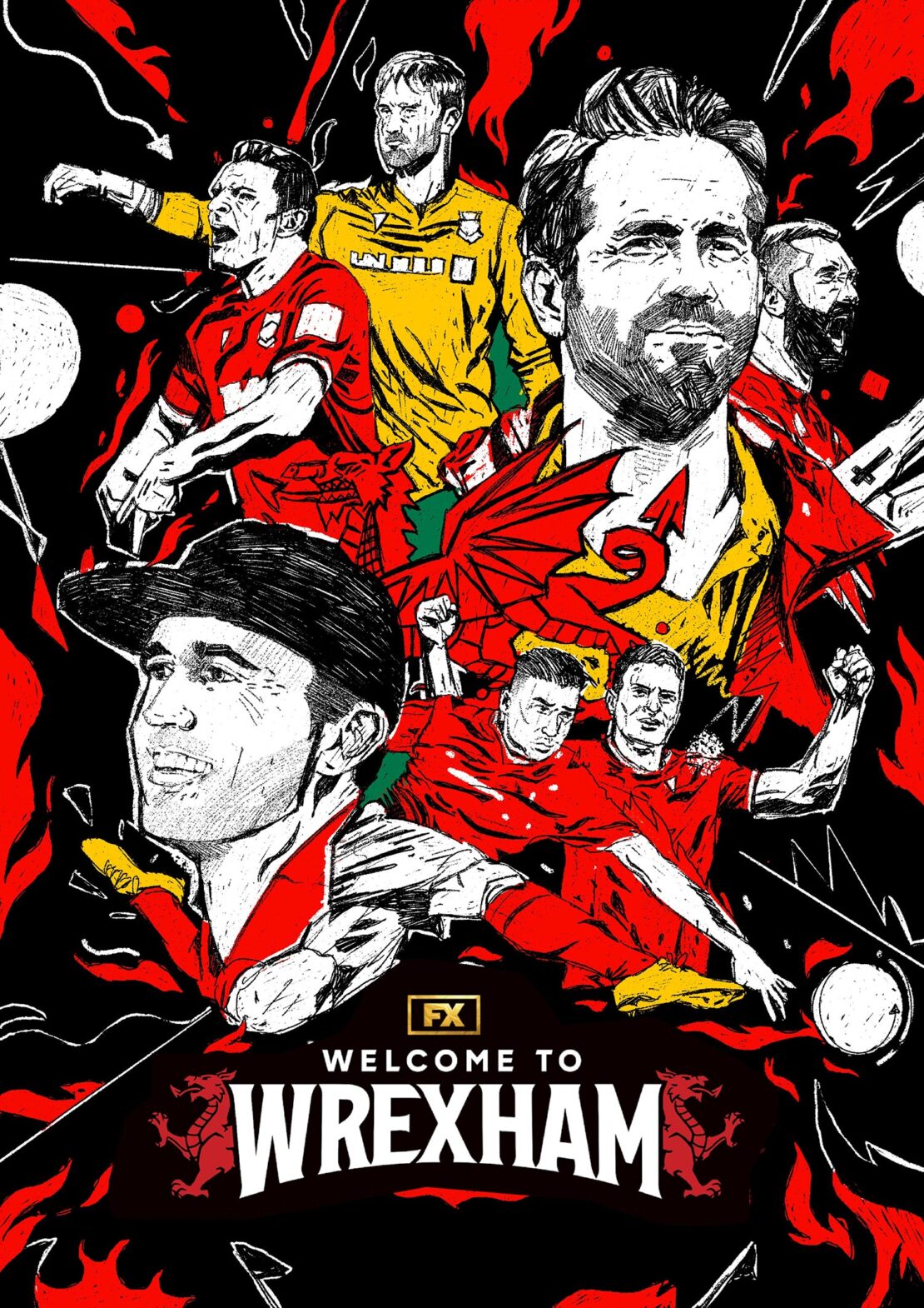 Illustrated poster for 'Welcome to Wrexham' featuring sketched portraits of soccer players and stylized text on a black background.
