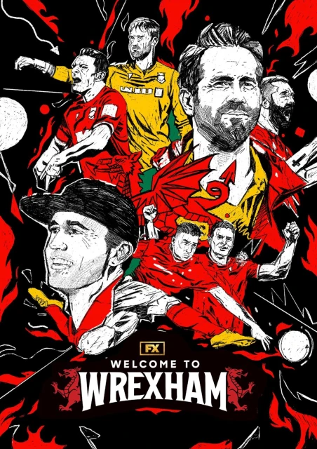 Illustrated poster for 'Welcome to Wrexham' featuring sketched portraits of soccer players and stylized text on a black background.