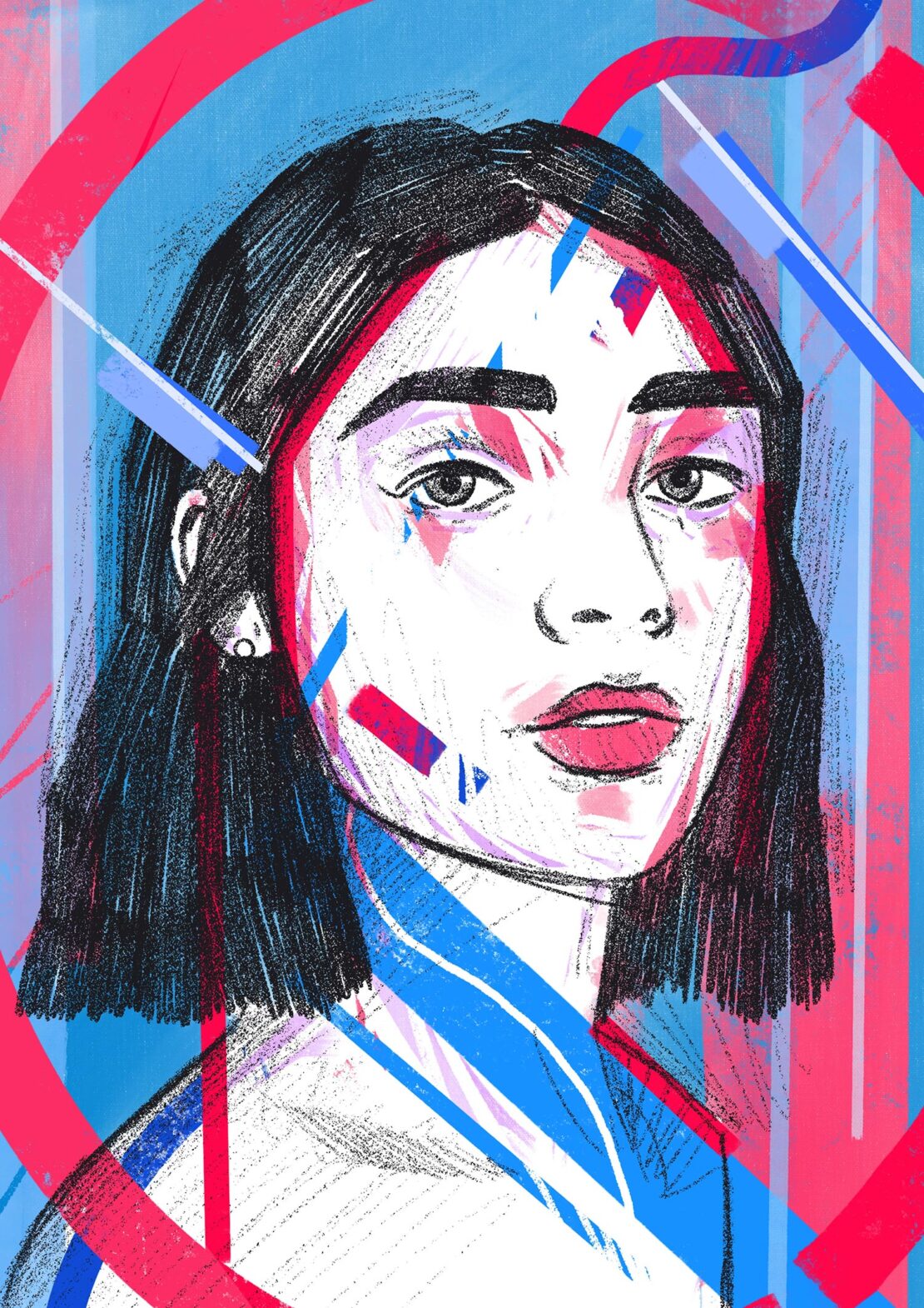 Painted portrait of a young woman with black hair, highlighted by vibrant brushstrokes and overlaid with geometric patterns in red and blue.