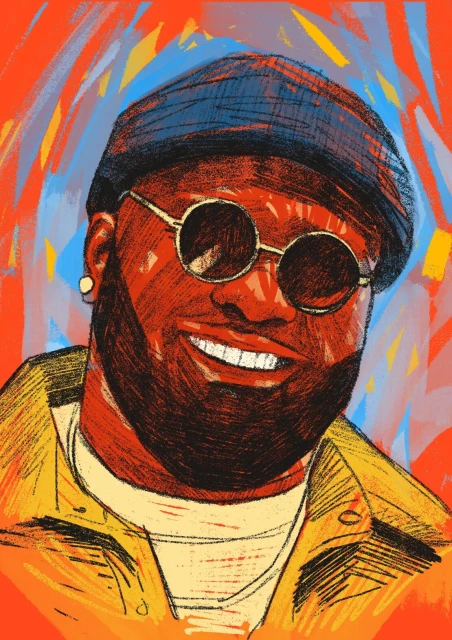 Stylish male portrait art: A person with a beard, wearing sunglasses and a blue hat, set against a backdrop of abstract orange and blue.