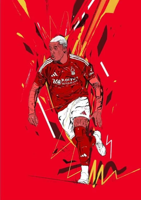 Digitally enhanced image of a soccer player in a red and white uniform on a red background with geometric patterns.