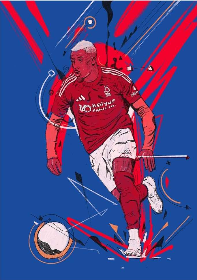 Illustration of a soccer player in a red uniform with white accents, dynamically posed against a blue background with graphic elements.