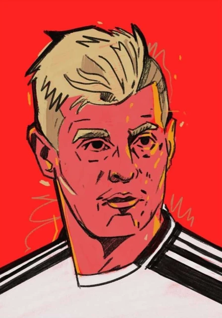 Illustration of a fair-skinned adult male with blonde hair wearing a white soccer jersey with black stripes against a red background.