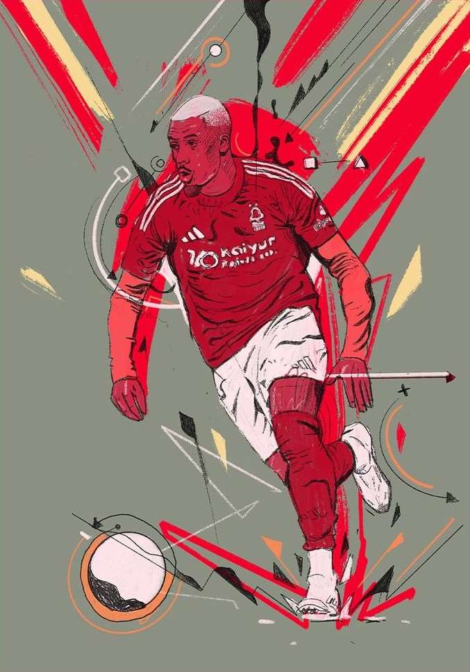 Illustration of a soccer player in a red and white uniform with dynamic abstract brushstroke background elements, art style.