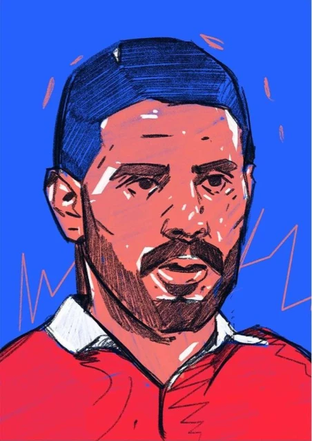 Illustrated portrait of a bearded adult male with dark hair and a red shirt against a blue background.
