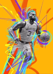 Digital illustration of LeBron James dribbling a basketball in a Lakers jersey against a bright yellow background with colorful brush strokes