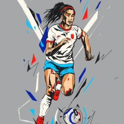 Dynamic illustration of a female soccer player dribbling a ball, created by Arunas Kacinskas with graphic geometric shapes.