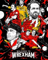Dynamic illustration featuring portraits of Ryan Reynolds and soccer players in red kits against a dark background with red dragon motifs