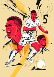 Illustration by Arunas Kacinskas featuring a male soccer player in a white uniform with the number 5, rendered in a bold graphic style.