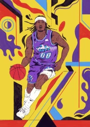 Illustration of a male basketball player dribbling a red ball in a purple jersey, set against a vibrant abstract yellow background.
