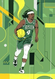 Illustration of a basketball player in a green Boston jersey dribbling a yellow ball against a geometric green background