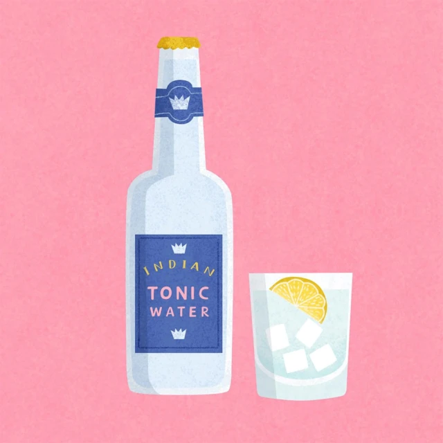 Illustration of a bottle of tonic water next to a glass filled with tonic water, ice cubes, and a lemon slice on pink backdrop.