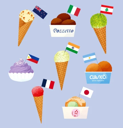 Digital illustration of an assortment of ice cream cones and cups with various flavors, each decorated with a different country's flag.