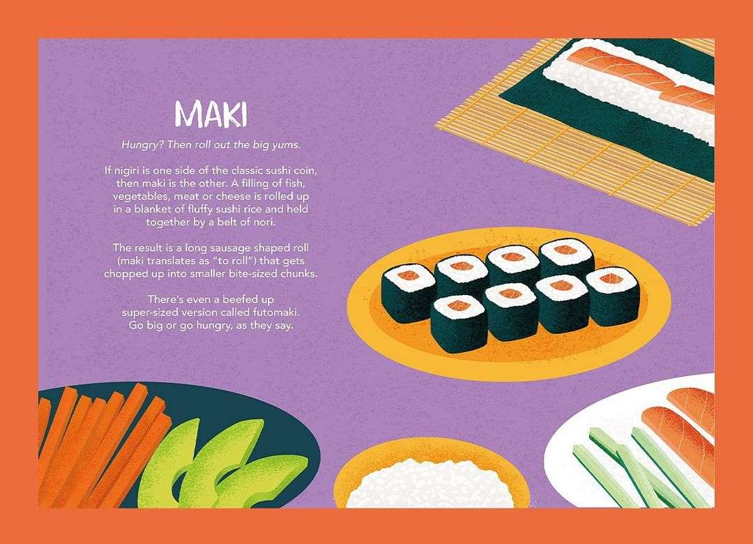 Maki sushi illustration on a lavender background with plates of sushi ingredients and a rolling mat with salmon, rice, and seaweed.