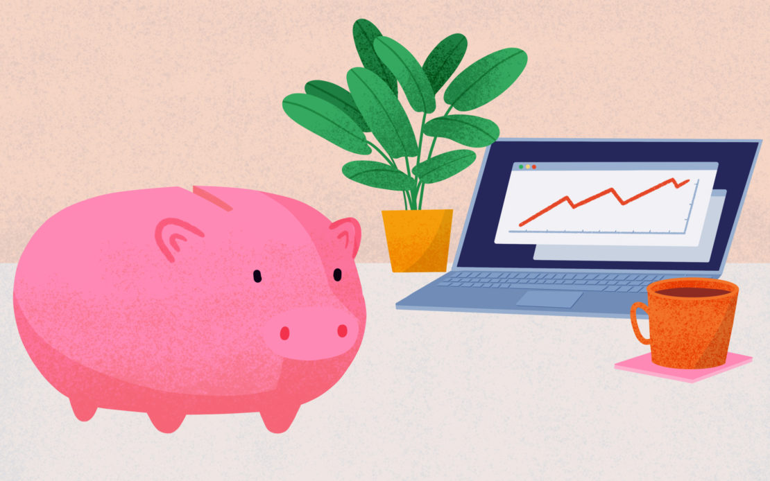 Illustration of a pink piggy bank on a desk next to a laptop displaying a graph and a cup of coffee in a digital art style.