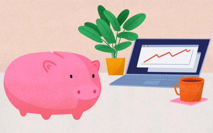 Illustration of a pink piggy bank on a desk next to a laptop displaying a graph and a cup of coffee in a digital art style.