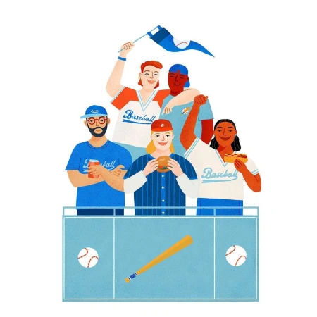 Illustration of a group of baseball fans in baseball jerseys at a game, enjoying snacks, holding a flag, and standing at a stadium.