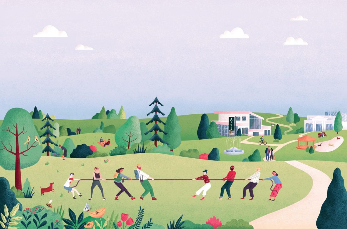 Illustration of a diverse group of adults participating in a tug-of-war in a green park with trees, buildings, and people in the background.