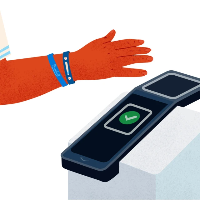 Illustration of a red-skinned human hand wearing wristbands hovering above a dark-blue device with a green checkmark on the screen.