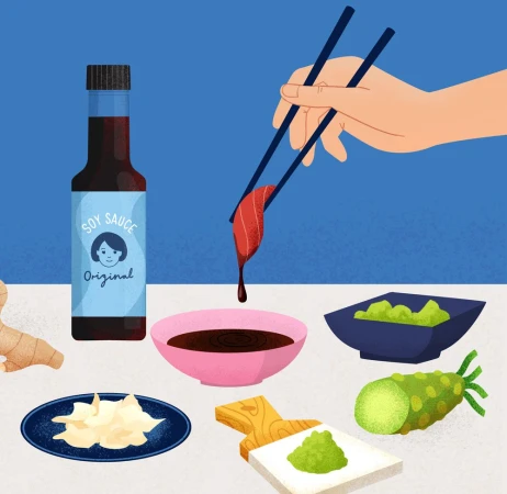 Illustration by Bett Norris featuring a hand holding chopsticks with a piece of sashimi over soy sauce